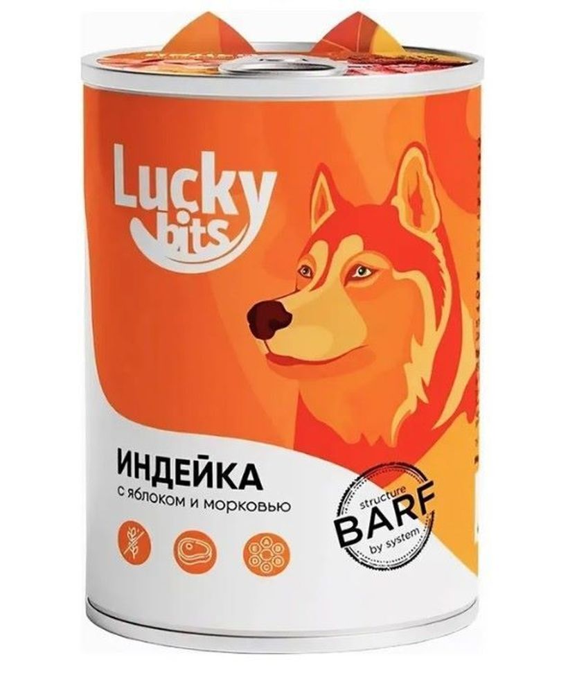 Консервы для собак Lucky bits индейка с яблоком и морковью 970 г