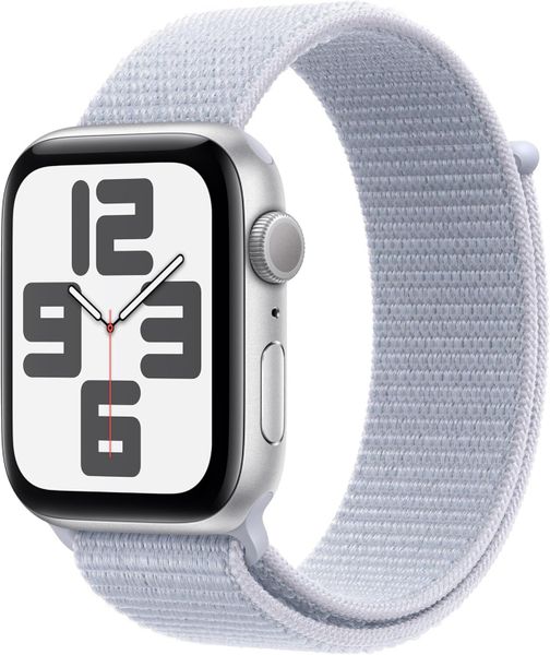 Умные часы Apple Watch SE 2024 44 мм из алюминия серебристого цвета, нейлоновый браслет дымчато-голубого цвета