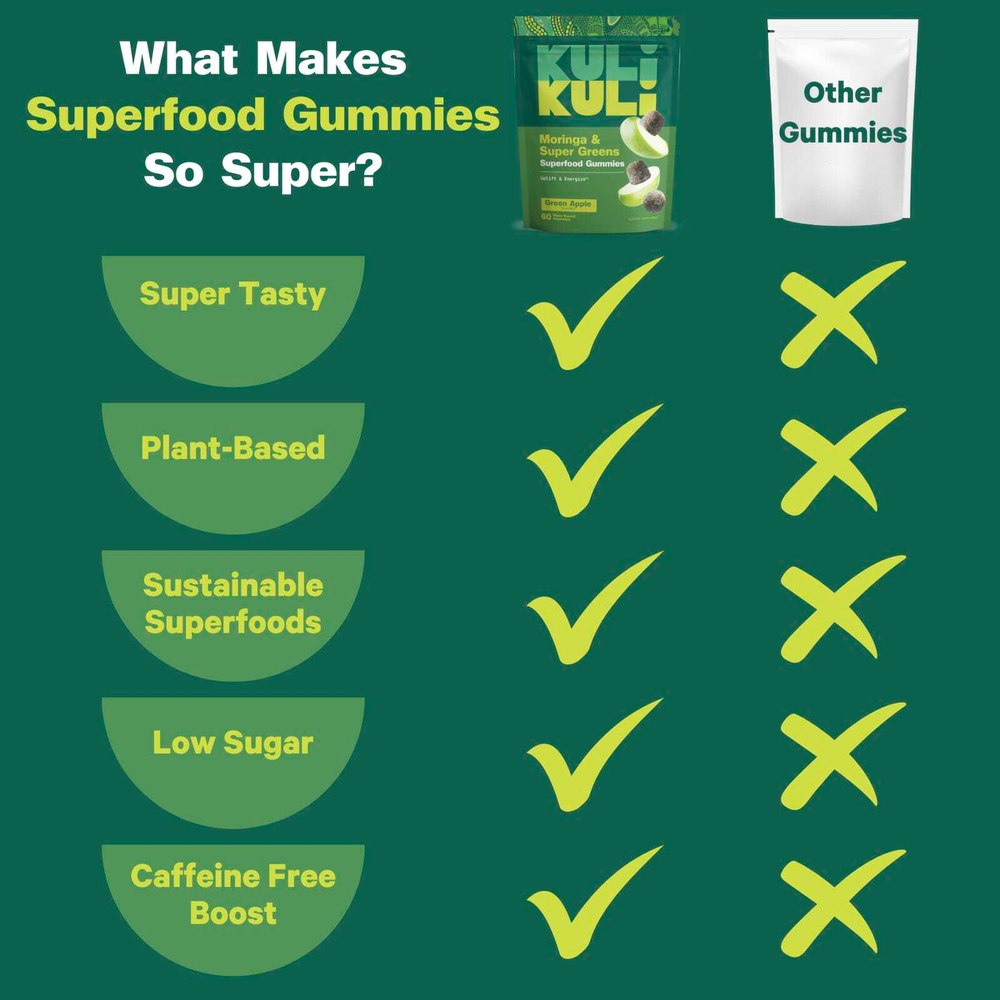 Kuli Kuli, Жевательные мармеладки Superfood, моринга и зелень, зеленое яблоко, 60 жевательных таблеток на растительной основе