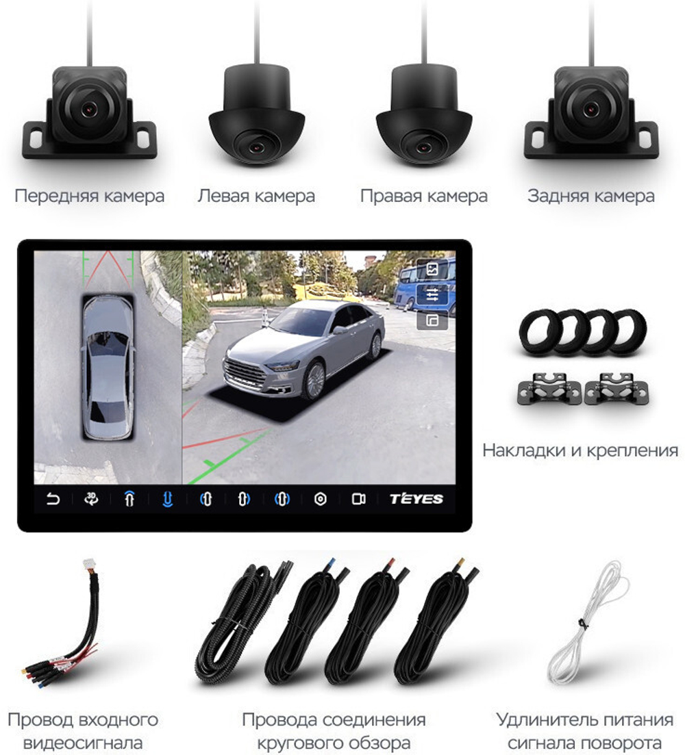 Магнитола для Hyundai iХ35, Tucson 2 2009-2015 (штатный усилитель, рамка 10) - Teyes CC3-2K-360 монитор 13" 2K QLED на Android 10, 6Гб+128Гб, CarPlay, 4G SIM-слот, 4 камеры в комплекте