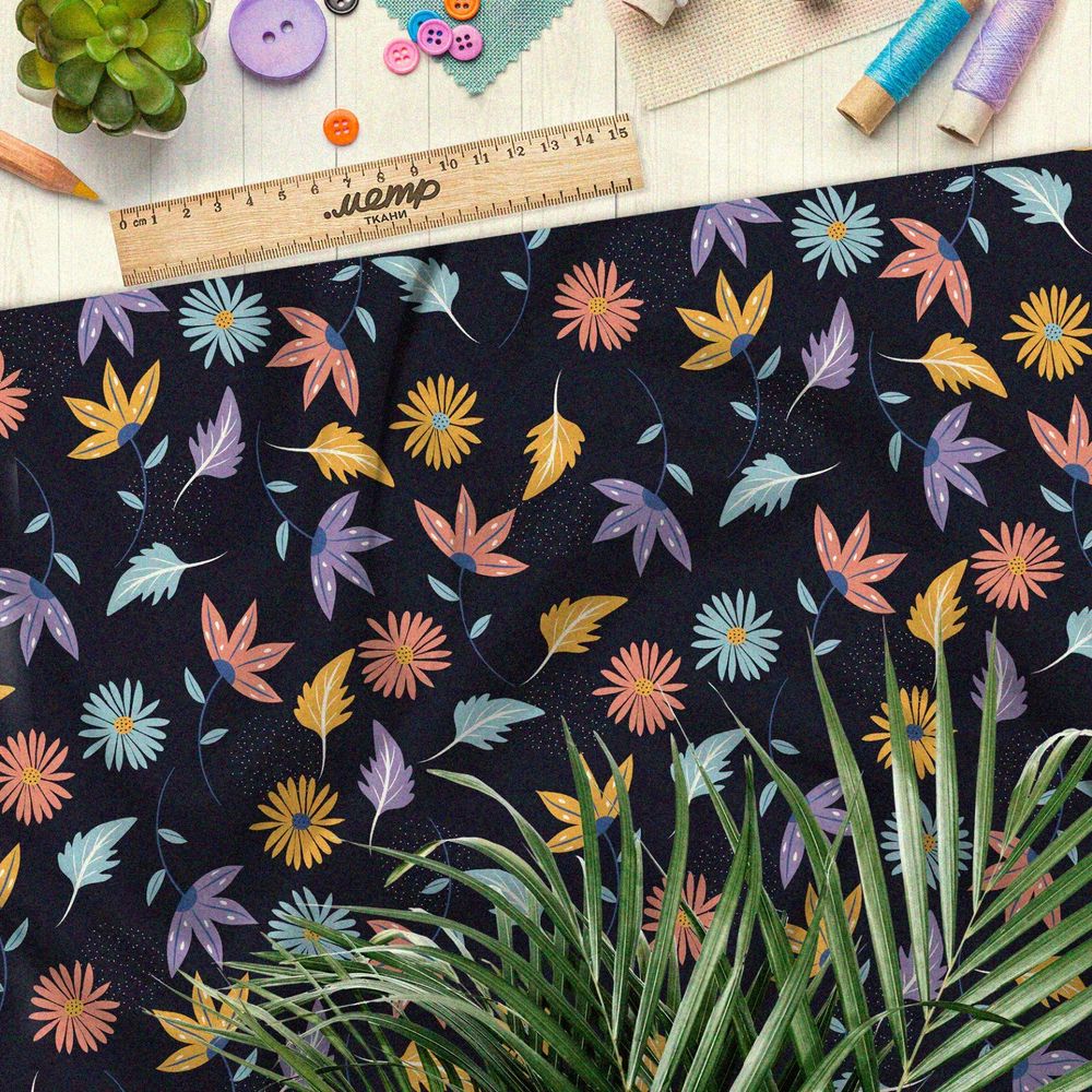 Ткань шифон цветные листья и ромашки на чёрном фоне