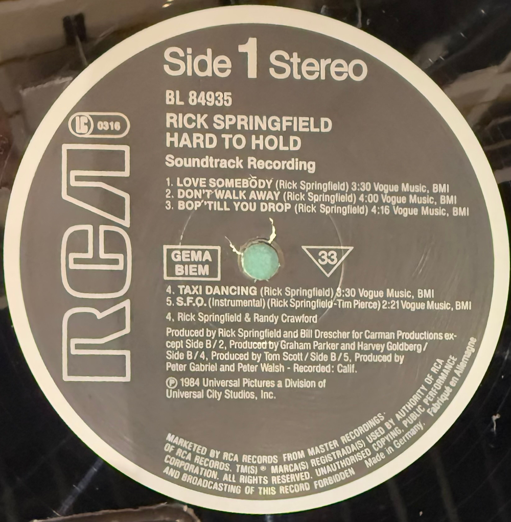 Виниловая пластинка Rick Springfield ‎– Hard To Hold - Soundtrack Recording LP