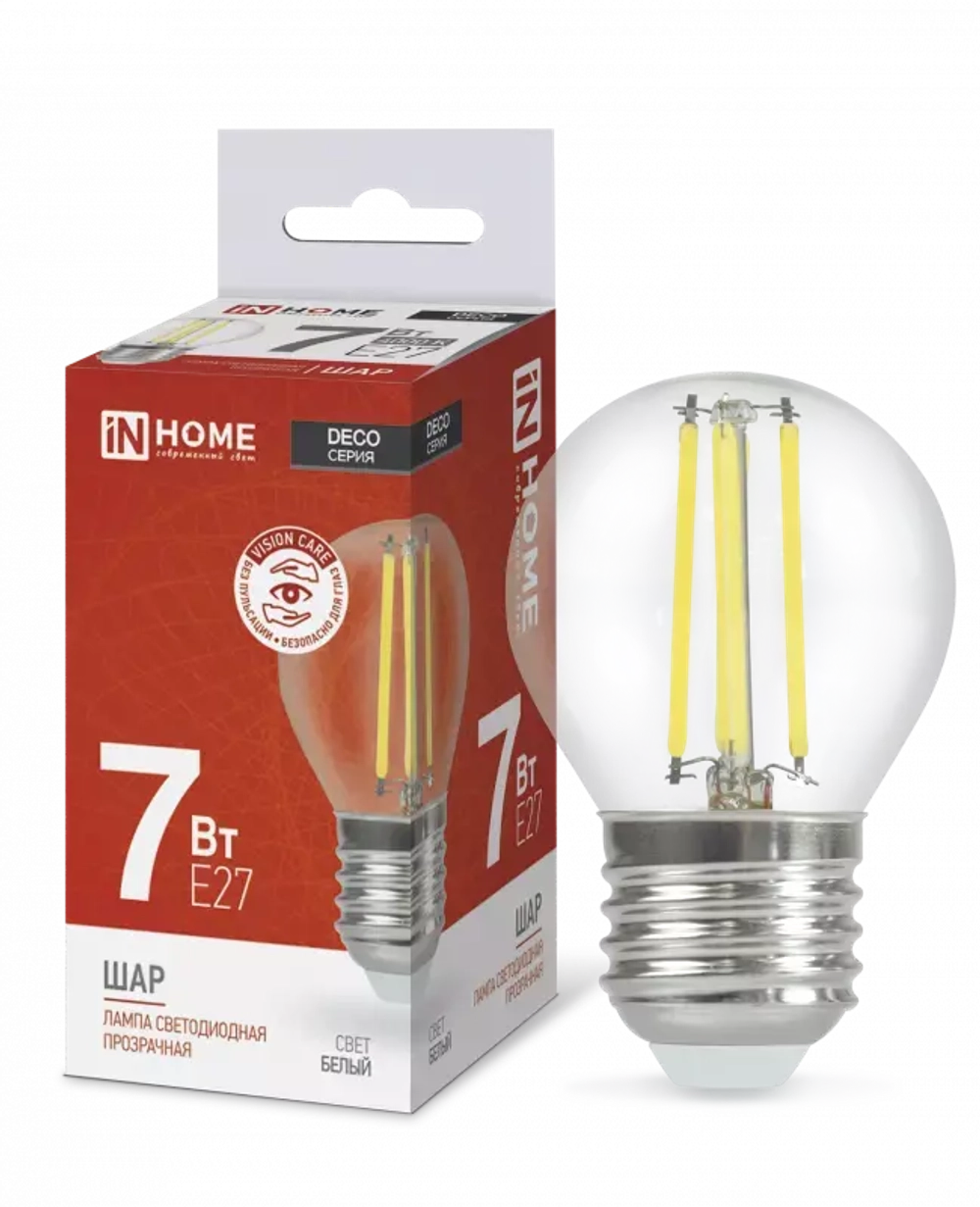 Лампа светодиодная LED-ШАР-deco 7Вт 230В Е27 4000К БЕЛЫЙ 810Лм прозрачная IN HOME