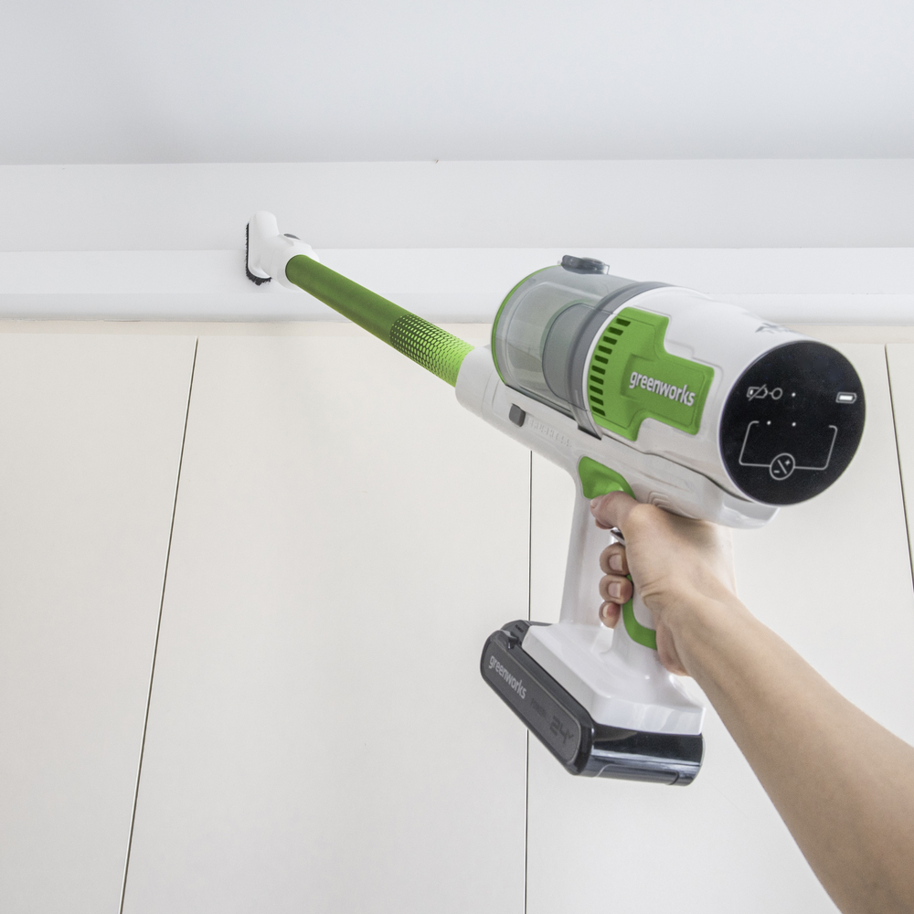 Пылесос вертикальный акк. Greenworks SV24532, 24V, б/щет, 350 Вт, 21 кПа, электрощетка, 3 насадки, LED, белый+зеленый, 1х4Ач и ЗУ (4702007UB)