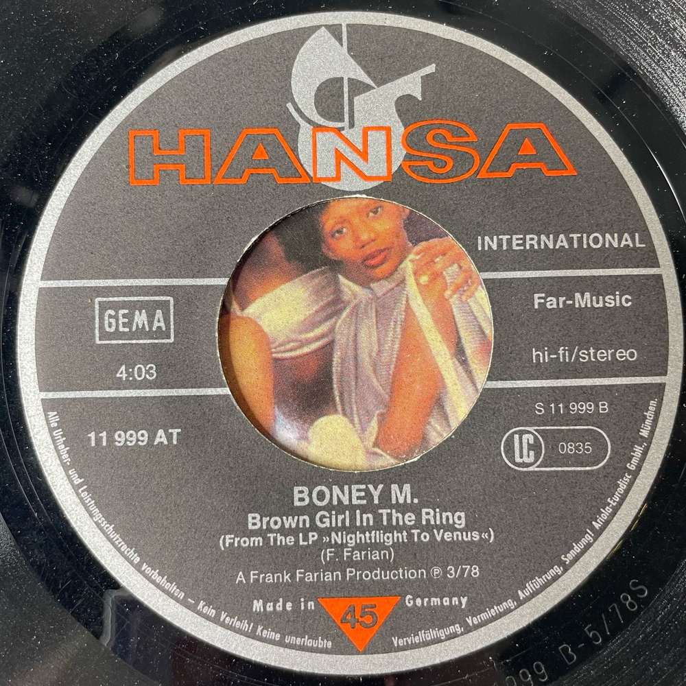 Винтажная виниловая пластинка 7 дюймов (маленькая пластинка) Boney M. Rivers Of Babylon / Brown Girl In The Ring (Германия 1978)