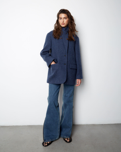 Пальто-жакет из шерсти елочка темно-синий