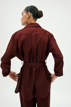 ZARA КУРТКА-САФАРИ ИЗ ЛЬНА С РЕМНЕМ, БУРГУНДИ