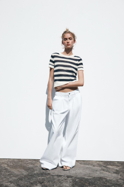 ZARA ТРИКОТАЖНАЯ ФУТБОЛКА В ПОЛОСКУ, ЭКРЮ