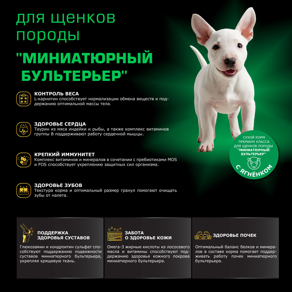 Корм сухой для щенков породы Миниатюрный бультерьер, премиум полнорационный комплекс, с ягненком, 2,5 кг, QUATTRO