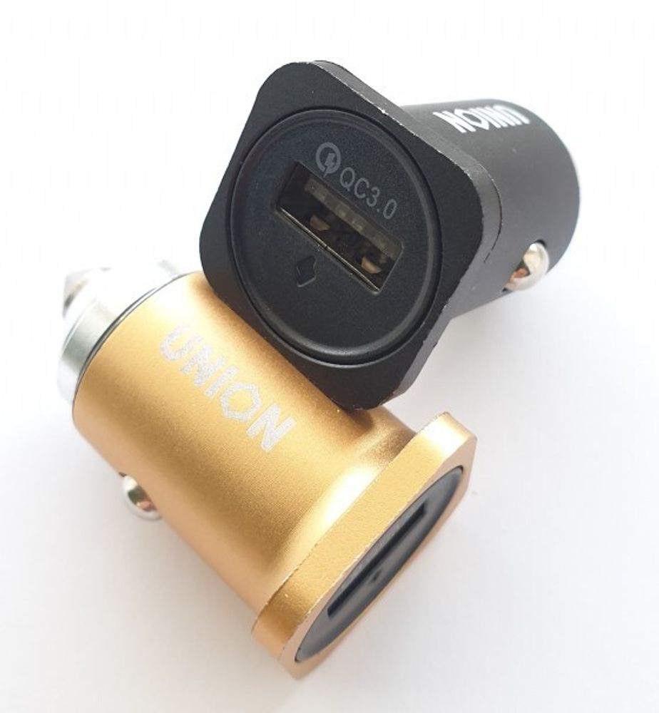 Зарядное устр-во в прикур. 1 USB 3,0 QC, короткий, металл (Union)