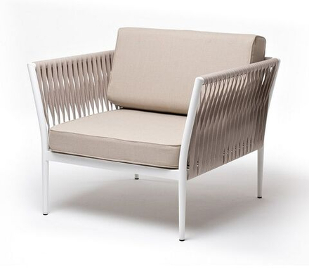 "Касабланка" кресло плетеное из роупа, каркас алюминий белый муар, роуп бежевый 20мм, ткань бежевая 052