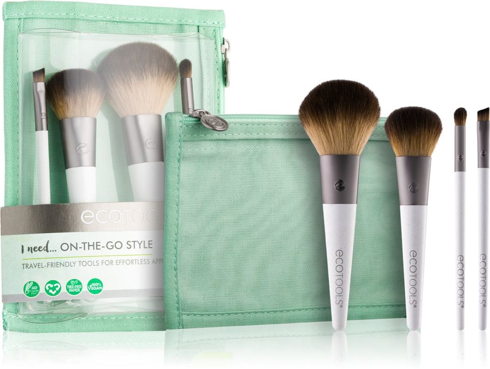 EcoTools blending eyeshadow brush + powder and blusher brush + blending brush + bent eyeliner brush + travel bag g On-The-Go Style