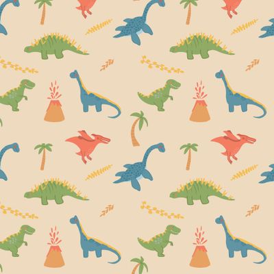 Милые динозавры с листьями, пальмами и вулканом