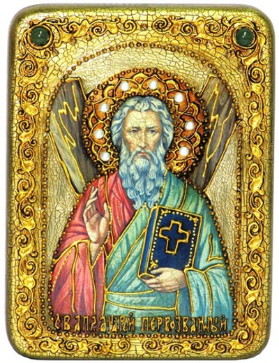 Инкрустированная икона Святой апостол Андрей Первозванный 20х15см на натуральном дереве в подарочной коробке