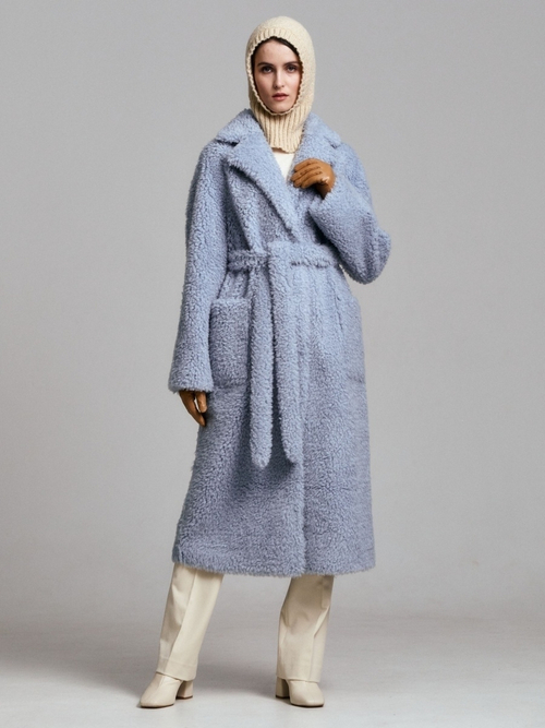 Шуба женская чебурашка тедди пальто из шерсти мериноса, голубая, SilverFox