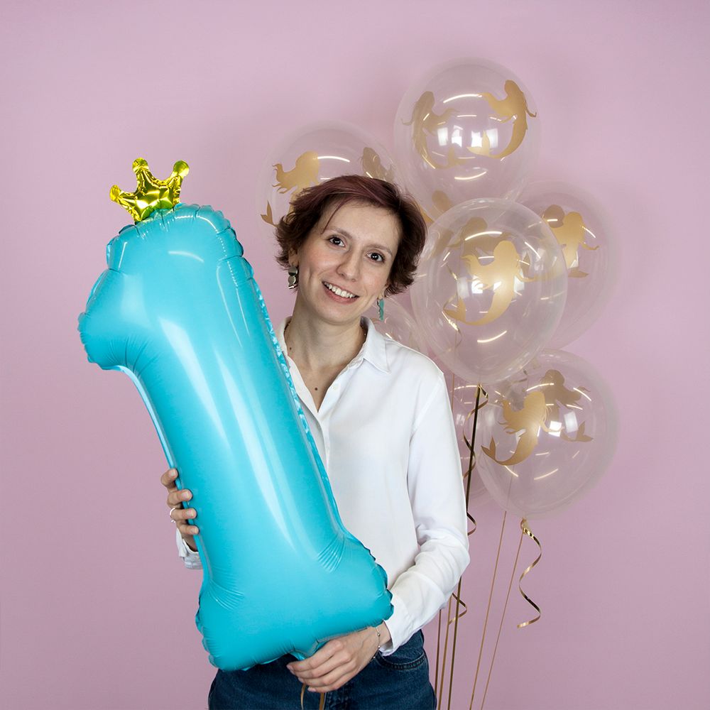 Шар (32''/81 см) Цифра, 1 Золотая корона, Аквамарин, 1 шт. в уп.