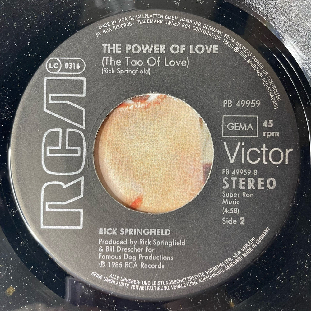Винтажная виниловая пластинка 7 дюймов (маленькая пластинка) Rick Springfield State Of The Heart (Германия 1985)