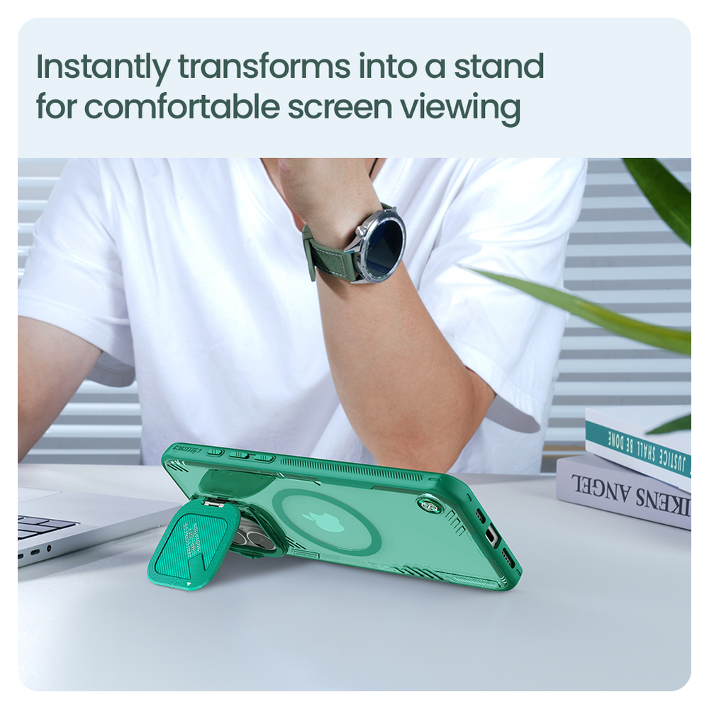 Чехол прозрачный зеленого цвета от Nillkin с поддержкой MagSafe на iPhone 16, серия Iceblade Prop Magnetic Case (металлическая откидная крышка)