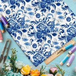 Ткань поплин цветы и розы гжель