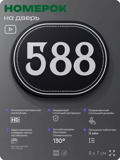 Номерок на дверь квартиры 588, для кабинета, офиса, шильдик 9 х 7 см, черный, Айдентика Технолоджи