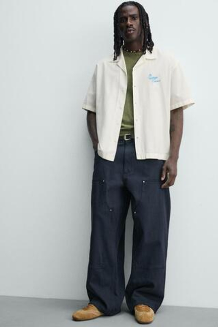 ZARA РУБАШКА RELAXED FIT ИЗ ЛИОЦЕЛЛА И ХЛОПКА С ПРИНТОМ, ЖЕЛТОВАТО-БЕЛЫЙ