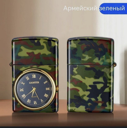 газовая турбо-зажигалка с часами подарочная, золотая