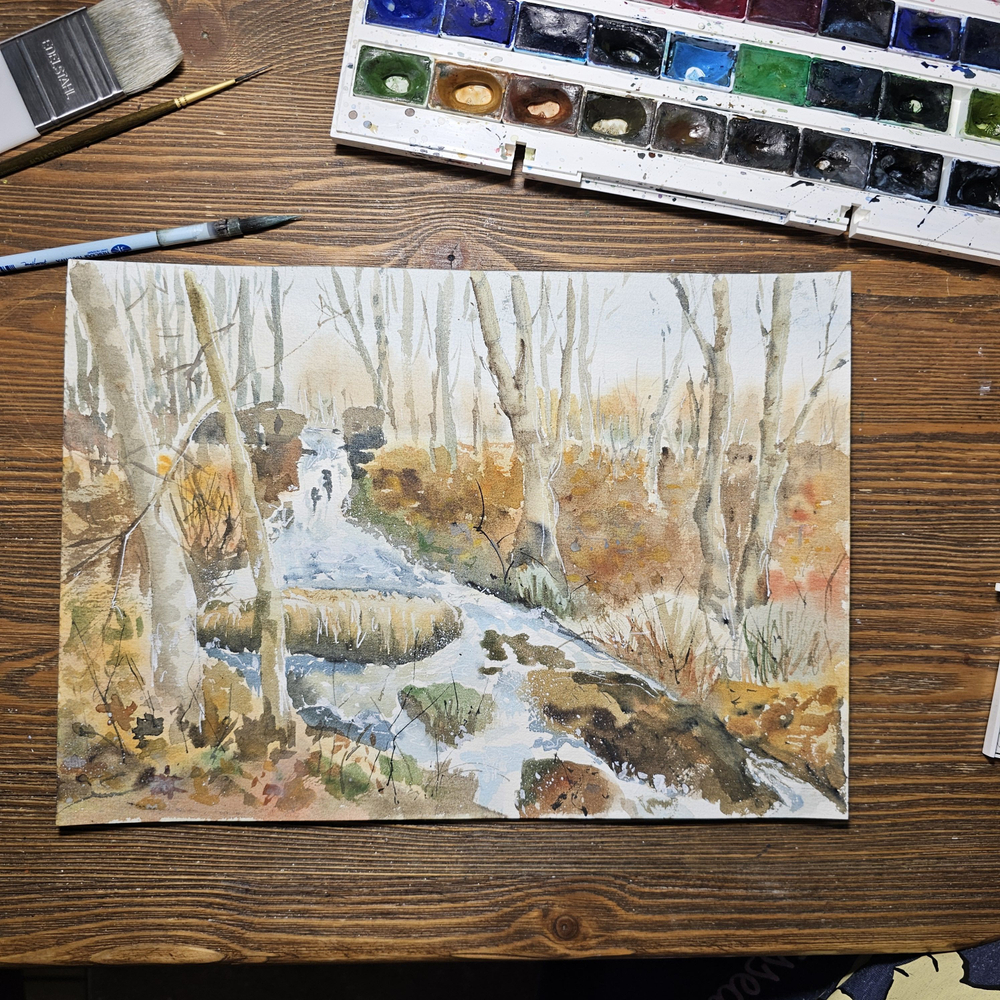 Картина авторская акварельная в паспарту 30х40 см на стену для интерьера "Водопад на Белке"