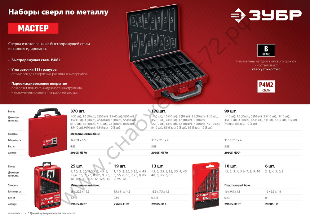 ЗУБР МАСТЕР 19шт(1-10мм), Набор сверл по металлу, сталь Р4М2, класс В, мет.бокс
