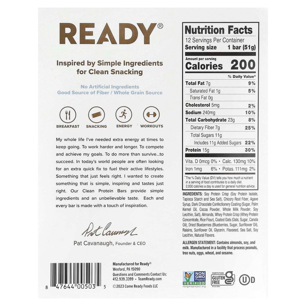 Ready, Clean Protein Bar, темный шоколад, черника и миндаль, 12 батончиков, 51 г (1,8 унции)