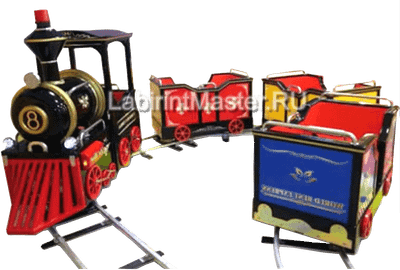 Рельсовый паровозик «Навстречу веселью», 3 вагона, 6 мест — для ТРЦ, с электродвигателем