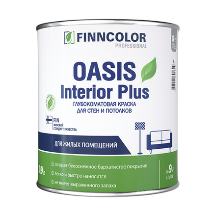 Краска для стен и потолков Oasis Interior Plus FINNCOLOR, база A, белая, 0,9 л