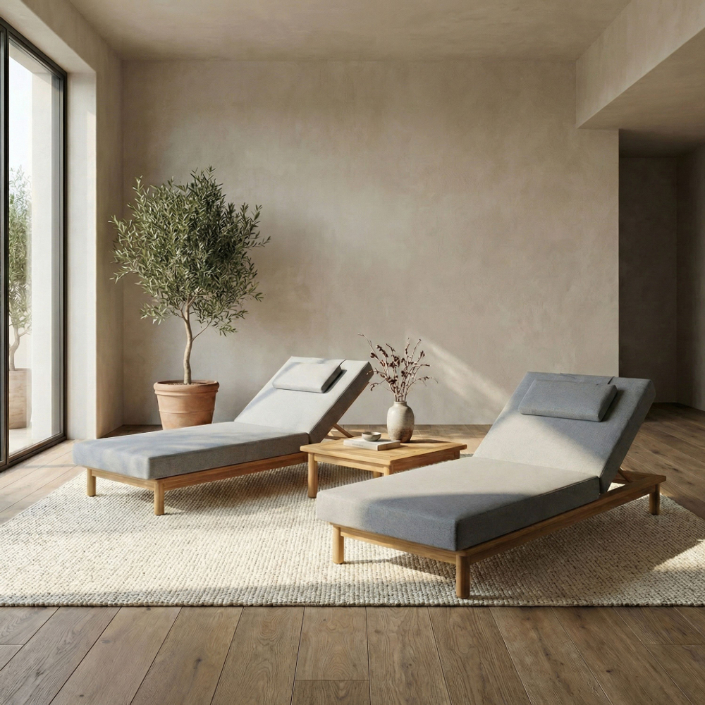 Шезлонг Ideal Patio САПОРИ тик, светло-серый матрас, подушка