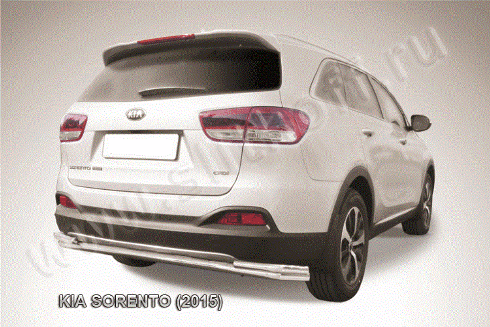 Защита заднего бампера (нержавейка) Kia Sorento (2014-2017) d57+d42 длинная (черный)
