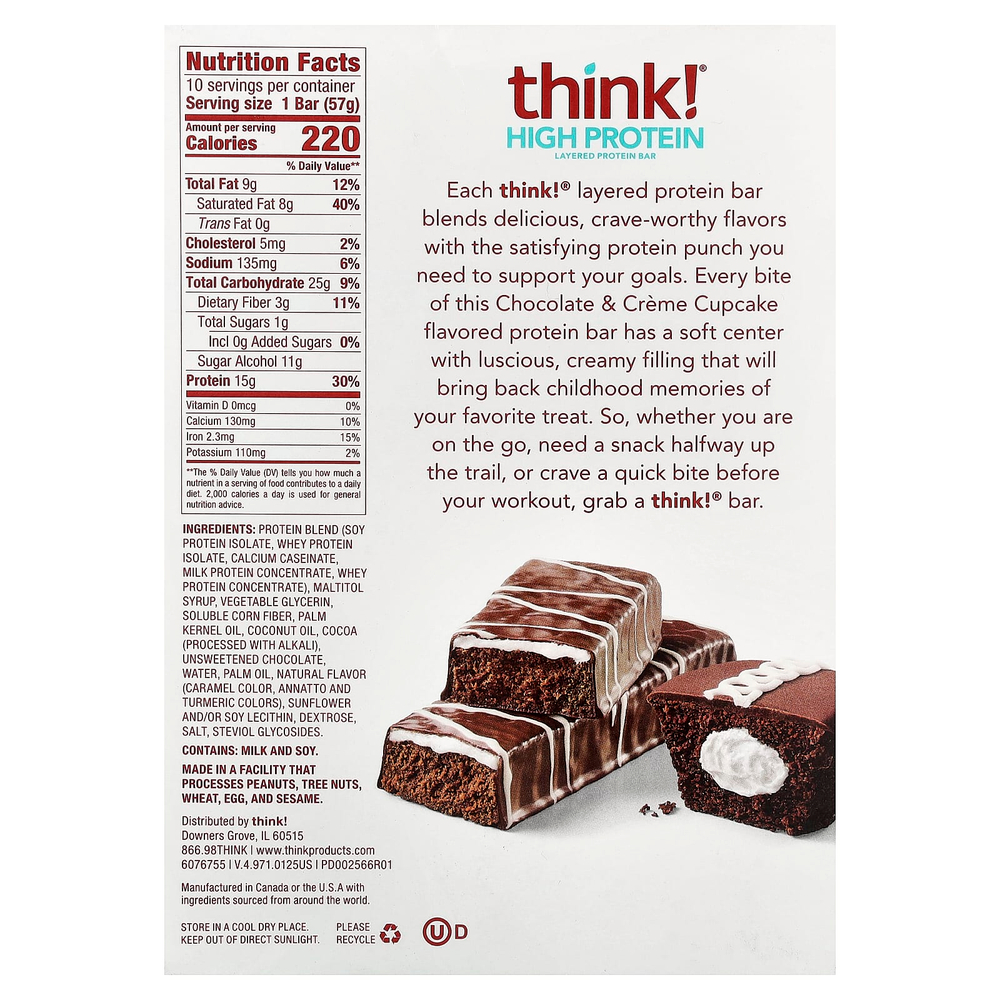 Think !, высокопротеиновые батончики, шоколадное пирожное с кремом, 10 батончиков по 57 г (2,01 унции)