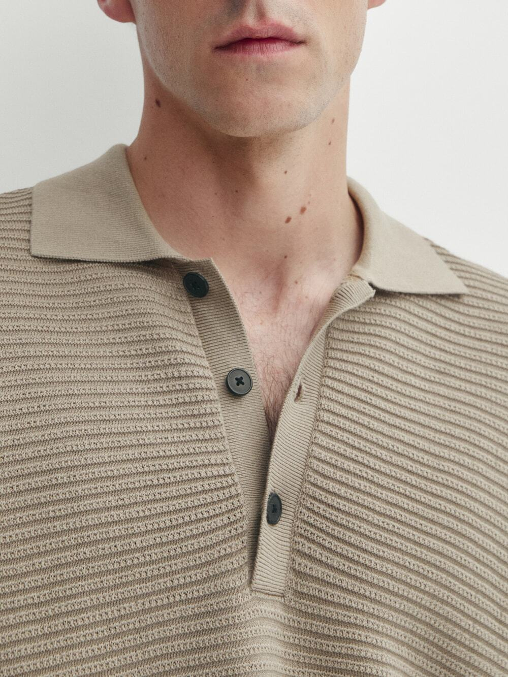 Massimo Dutti Рубашка поло фактурного трикотажа с короткими рукавами, каменный