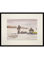 Картина авторская акварельная в паспарту 30х40 см на стену для интерьера "Зимняя рыбалка"