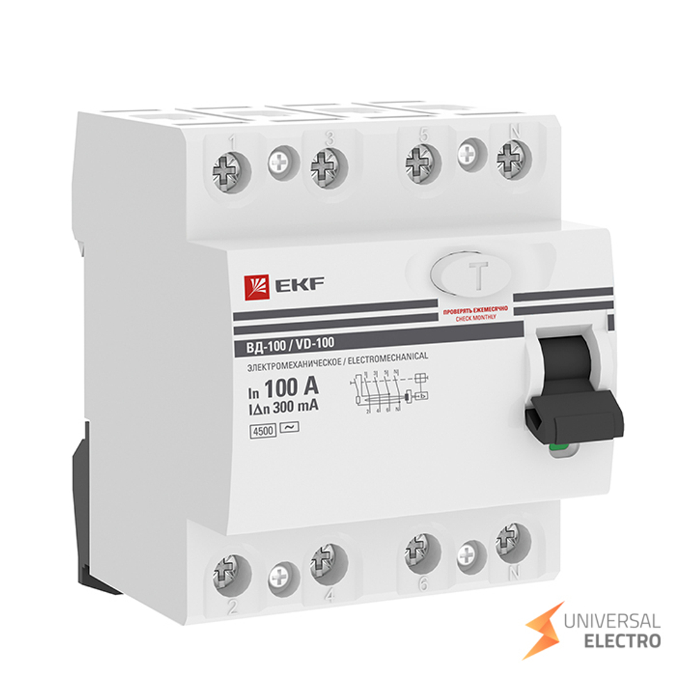 Устройство защитного отключения УЗО ВД-100 4P 100А/300мА (электромеханическое) EKF PROxima