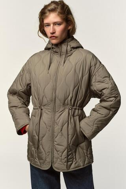 ZARA СТЕГАНАЯ КУРТКА С КАПЮШОНОМ WATER REPELLENT, ХАКИ
