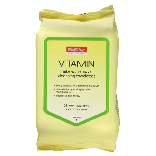 Purederm, Очищающие салфетки для снятия макияжа, витамины, 30 влажных салфеток