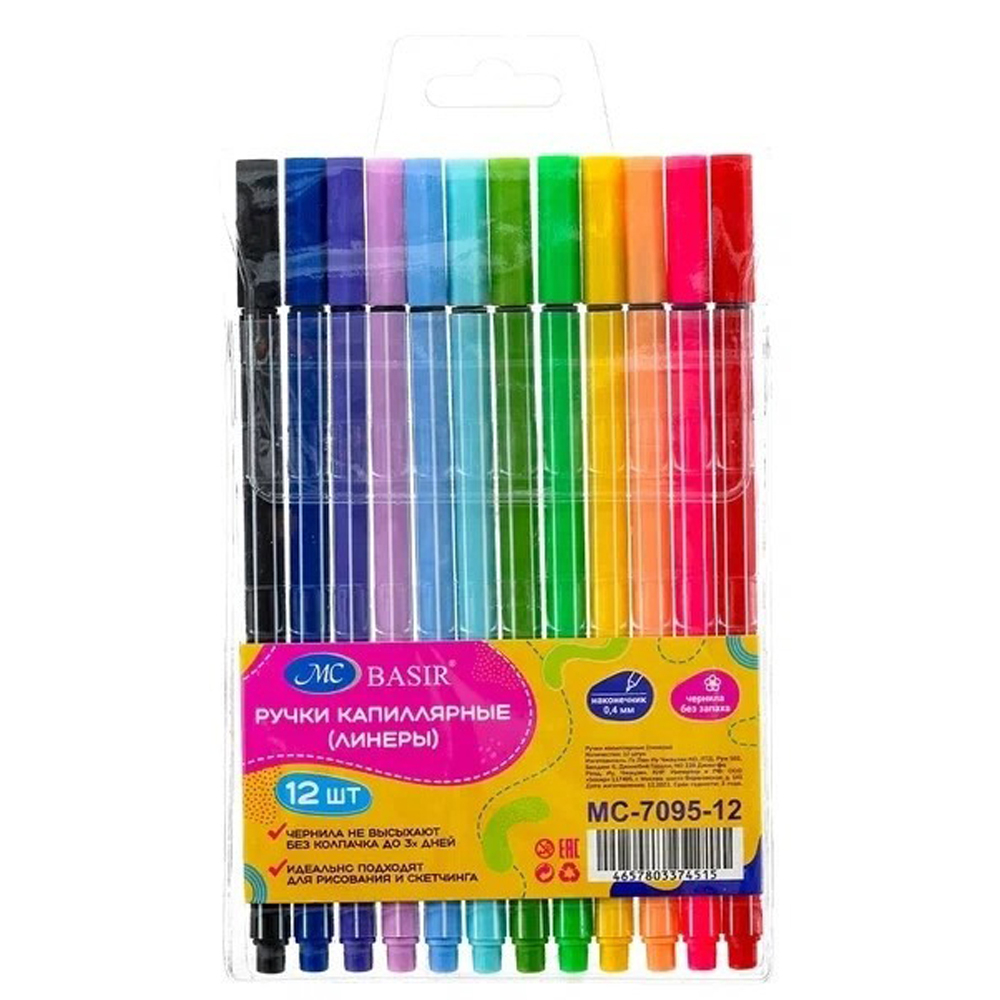 Ручка линер, Basir, цветные чернила, цветной корпус в цвет чернил, набор 12 шт