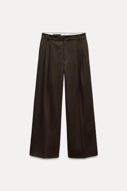 ZARA БРЮКИ С ДВОЙНЫМИ ЗАЩИПАМИ, ШОКОЛАДНО-КОРИЧНЕВЫЙ