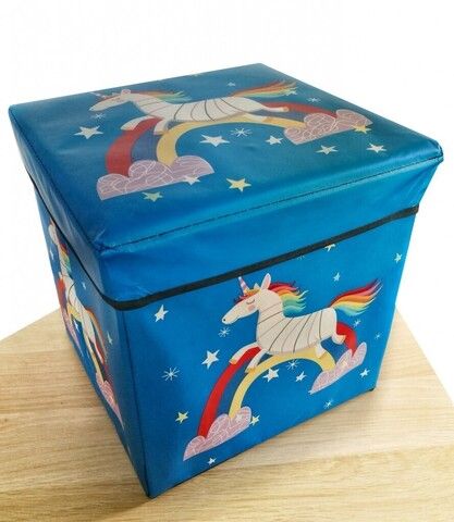 Детский складной пуф-короб для хранения 2 в 1, 29х30х30 см, цвет синий, рисунок единорог