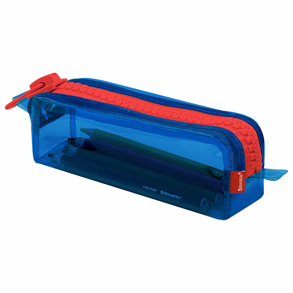 Пенал BRAUBERG с объемной "тракторной" молнией 1 отделение ПВХ 22х8х6 5 см "Contrast blue" (2 штуки в упаковке)