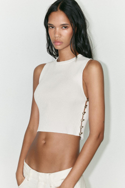 ZARA ТРИКОТАЖНЫЙ ТОП В РУБЧИК, БЕЛЫЙ