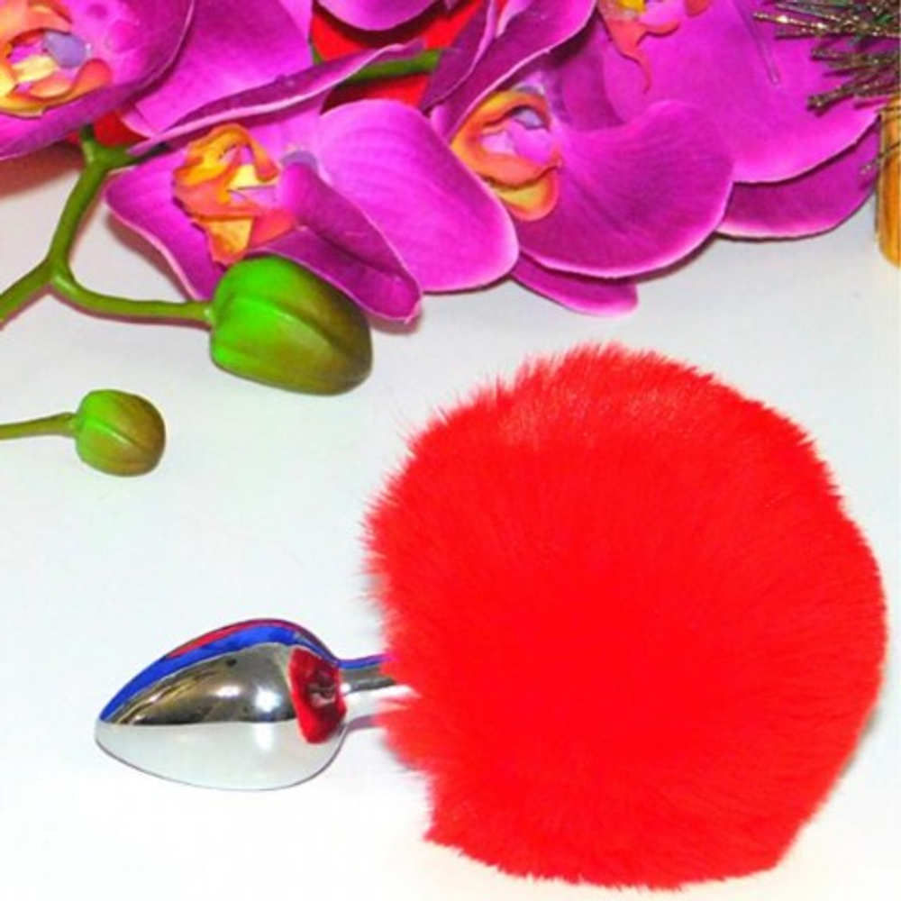 Металлическая анальная пробка с красным хвостиком Fluffy от Alive (9×4,1 см)