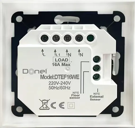 Donel Термостат с датчиком пола, простой, 16 A, 55*55 мм., белое стекло, серия DTEF