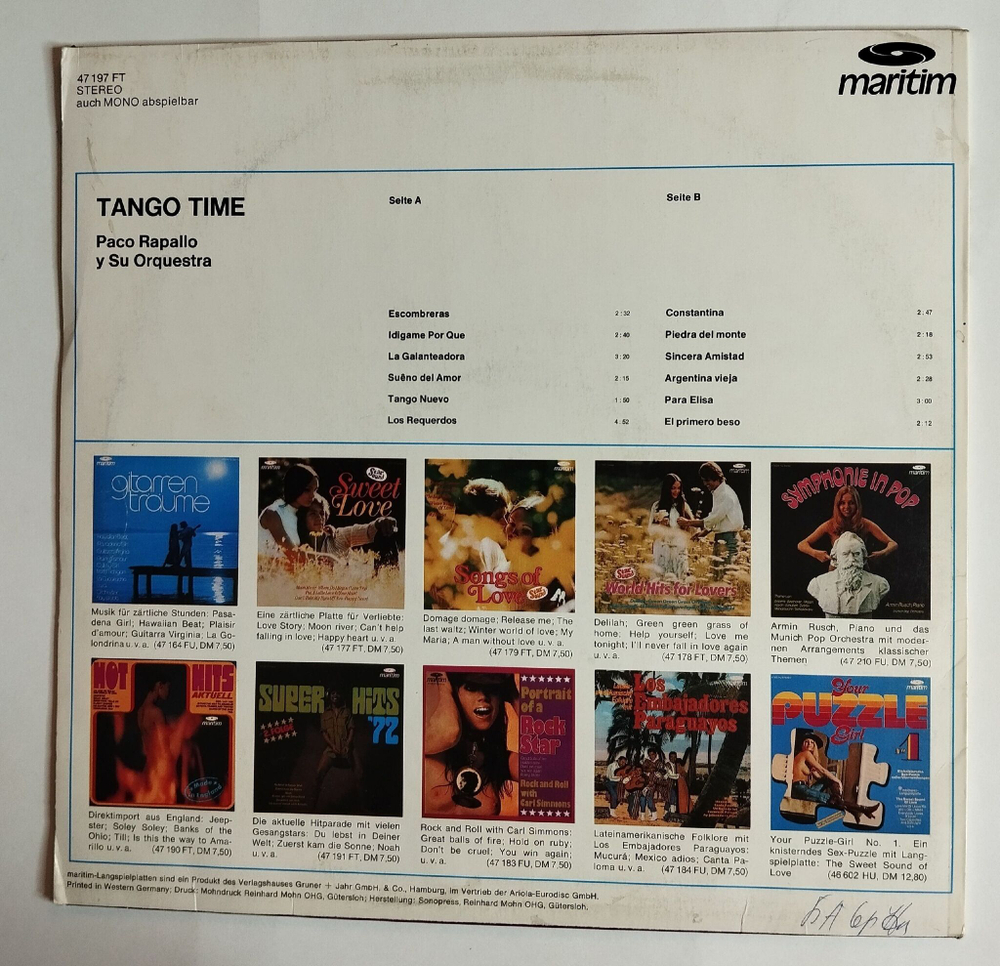 Винтажная виниловая пластинка LP Paco Rapallo Y Su Orquestra Tango Time (Germany 1980)