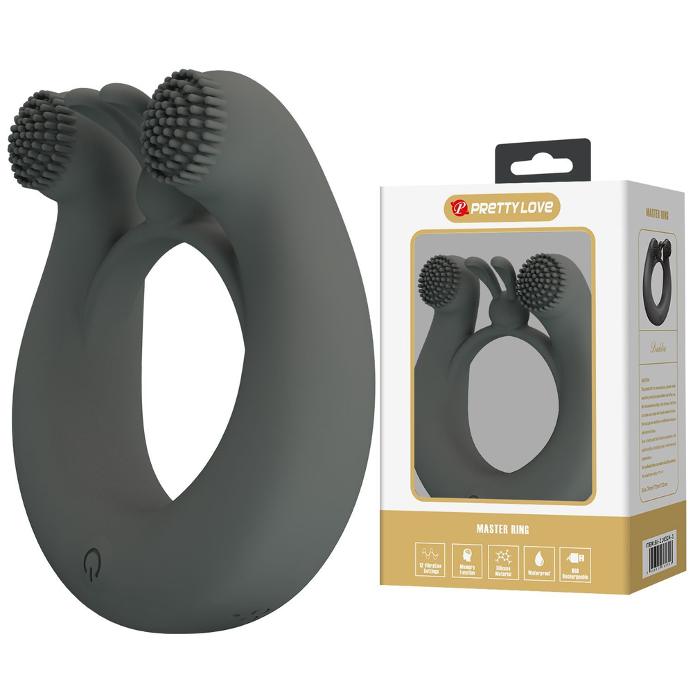 Серое эрекционное кольцо Dahlia с 2 стимулирующими щеточками (Цвет: серый)