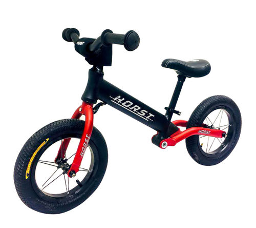 Беговел рама АЛЮМИНИЙ надувн.колеса 12" втулки алюмин. на промподш. ЗАДНИЙ АМОРТ. НОВАЯ РУЛЕВАЯ черно-красный матовый HORST RACE COMFORT