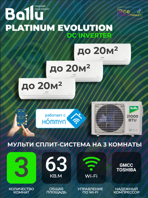 Инверторная мульти сплит-система Ballu Platinum Evolution на 3 комнаты BSUI-FM-07+07+07 HN8/EU BA3OI-FM/out-21HN8/EU, комплект